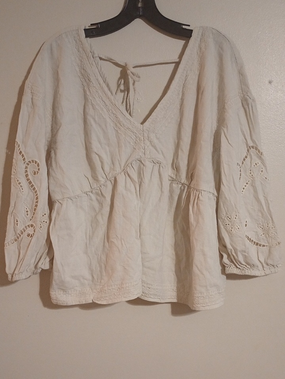 Boho Peasant V-Neck Embroidered Women’s Top - Cream Eyelet Babydoll Long Sleeve